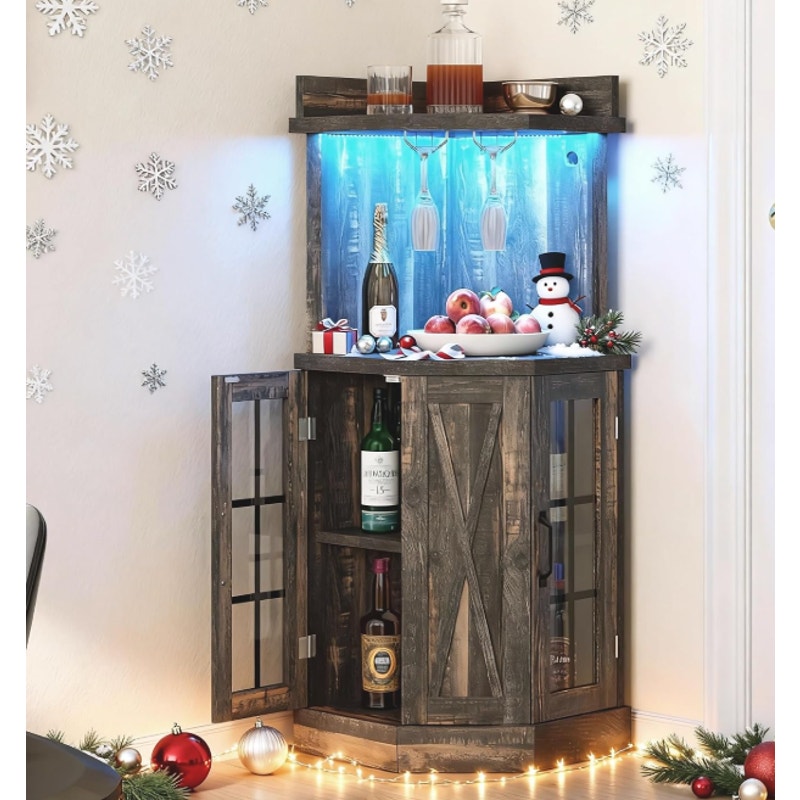 YITAHOME 53" Farmhouse Corner Wine Bar Cabinet 4-Tiers Liquor Cabinets with LED Lights and Glass Do