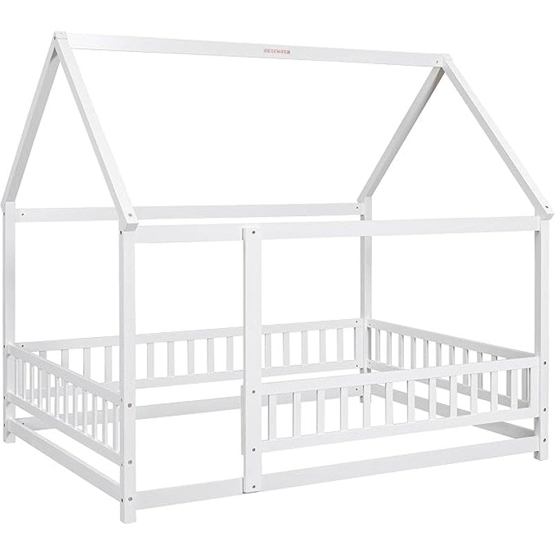 Bellemave Full Size House Floor Bed,Wooden, with Fence and Roof for Kids,(White)79.5"Lx60"W x73.8"H
