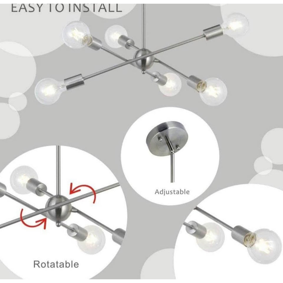 BONLICHT Sputnik Chandelier 6 Lights Modern Pendant Lighting Brushed Nickel Mid Century Flush Mount