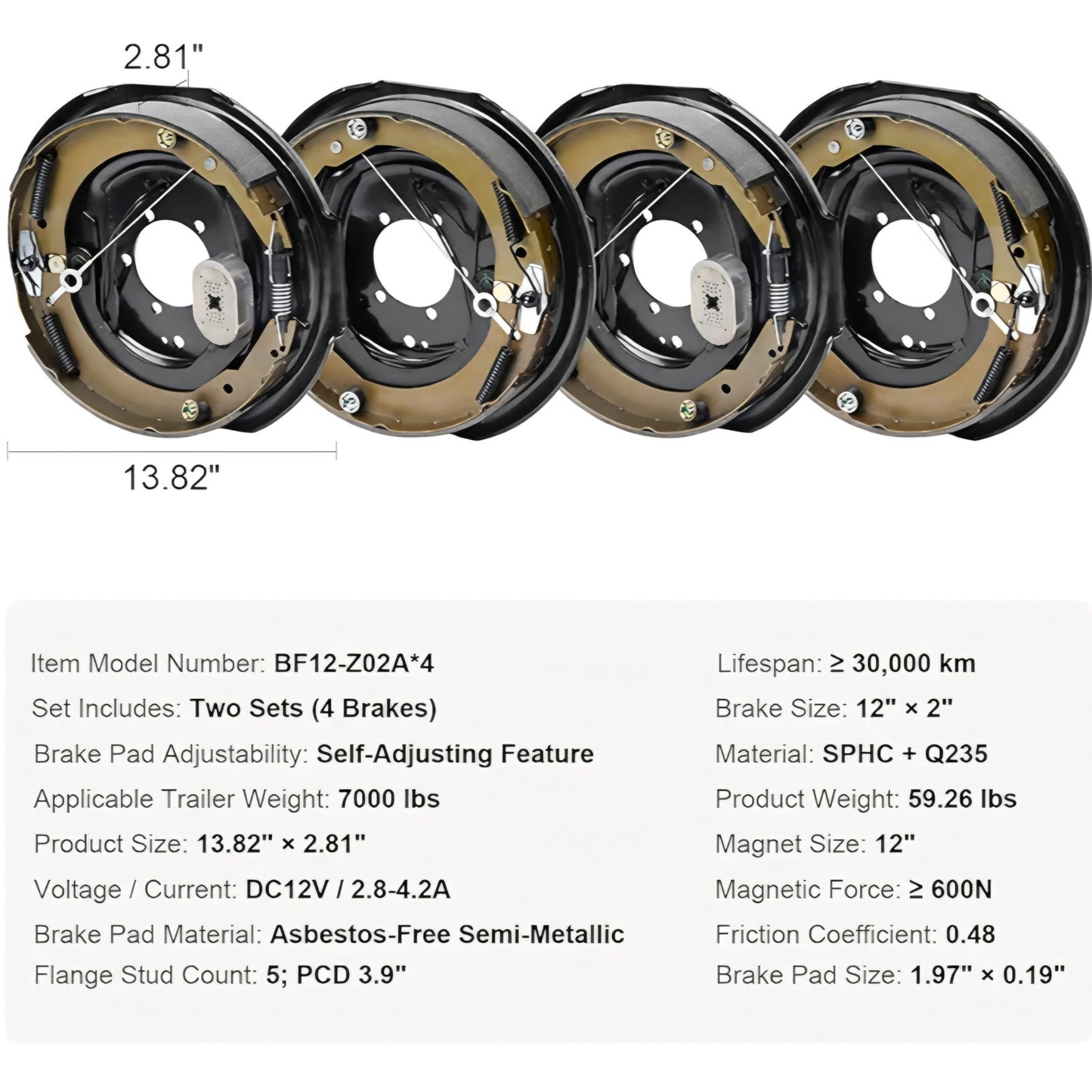 VEVOR Electric Trailer Brake Assembly, 12" x 2", 2 Pairs Self-Adjusting Electric Brakes Kit for