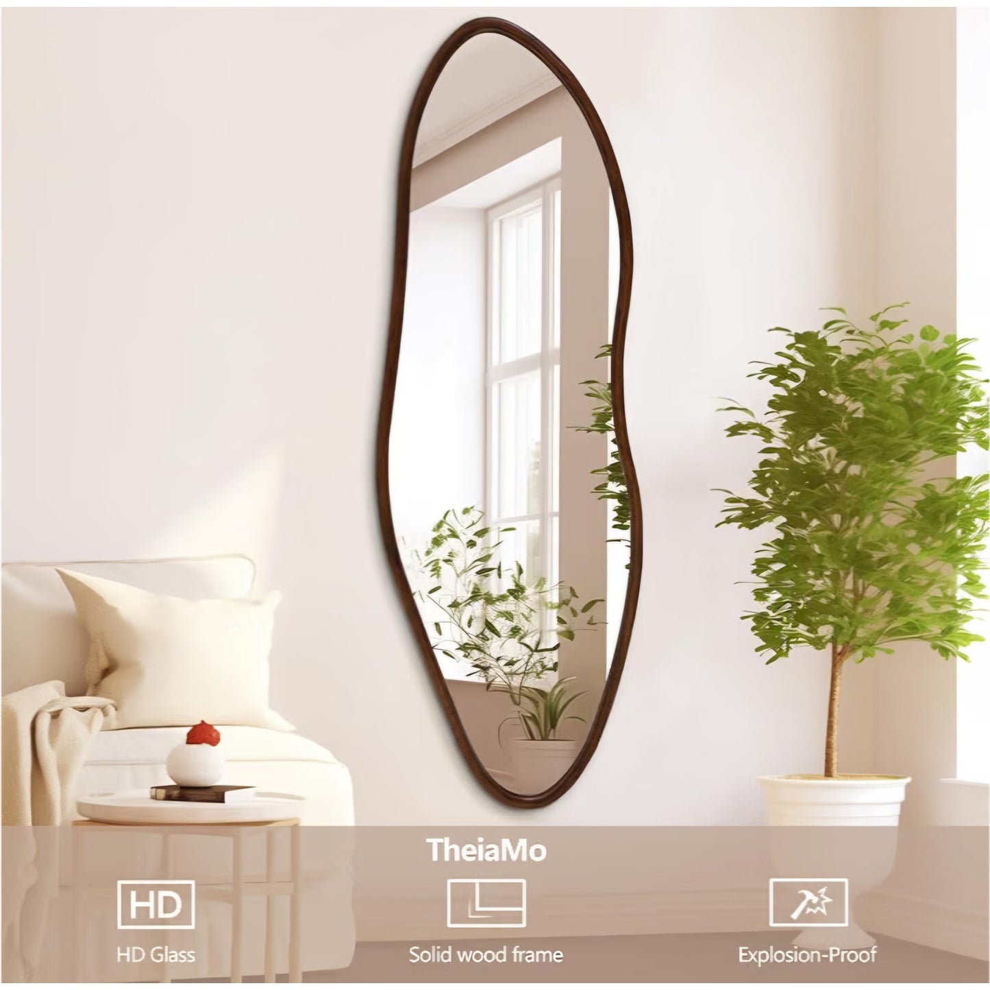Irregular Full Length Mirror, 65"x22" Wood Full Body Mirror Walnut