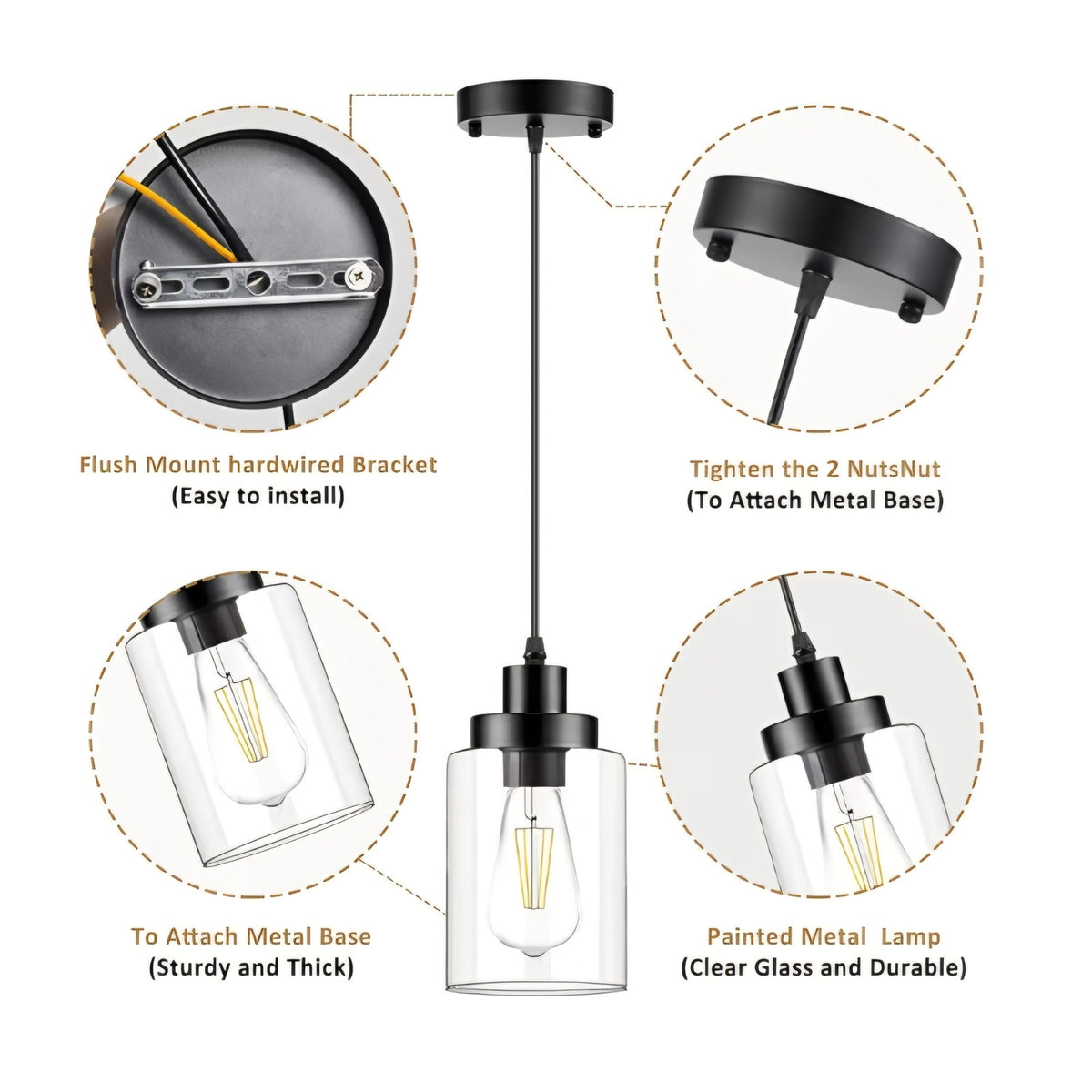 Pendant Lighting, Clear Glass Shade Farmhouse Adjustable Hanging Light Fixtures for Kitchen Island