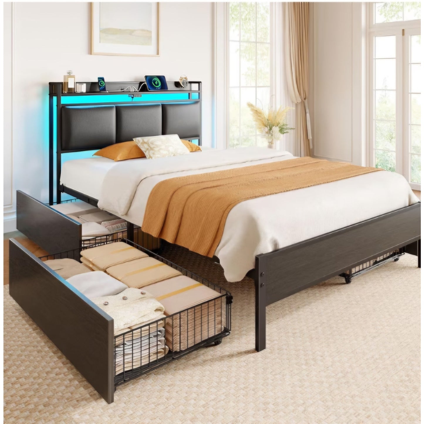 Rolanstar Bed Frame Twin Size with Charging Station and LED Lights