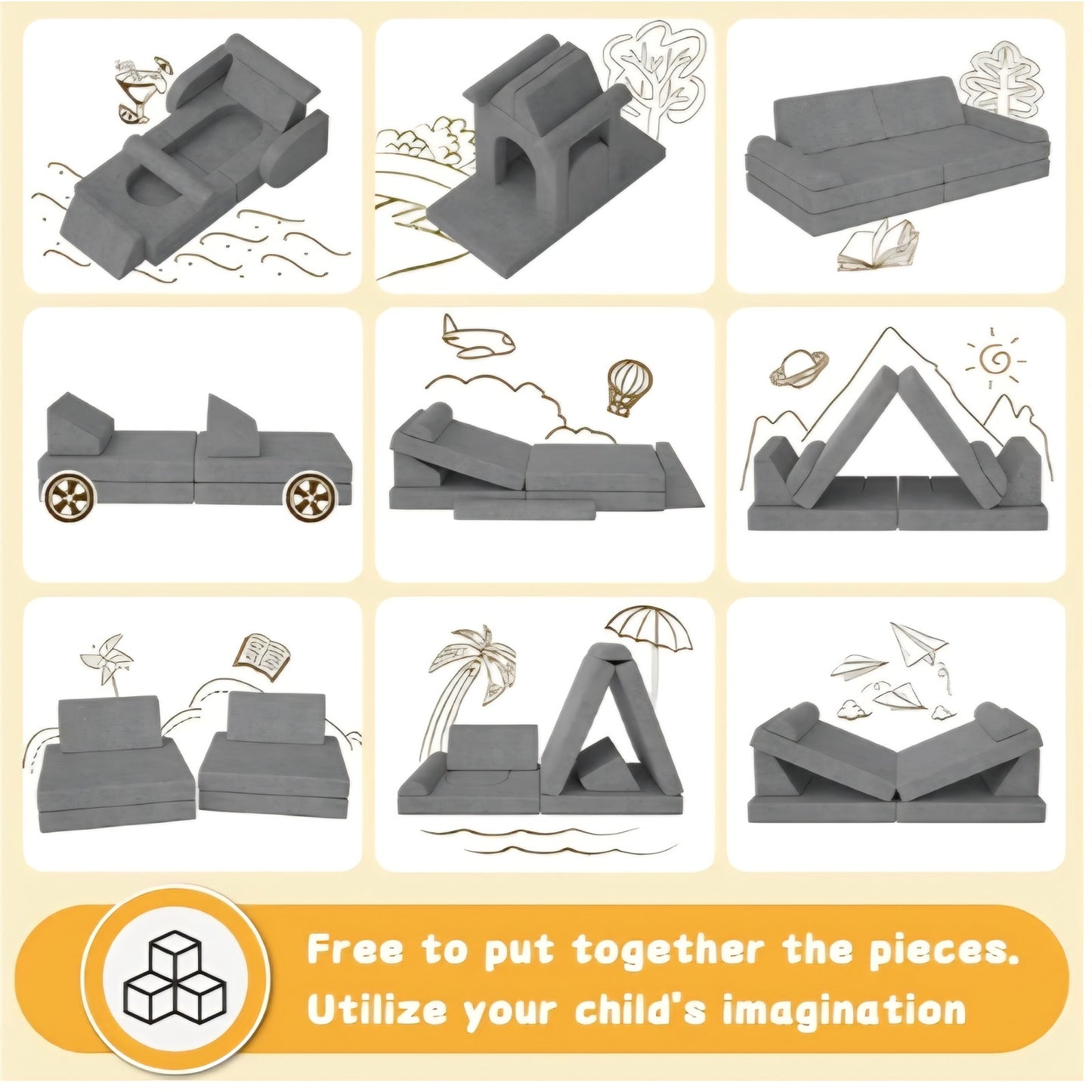 Modular Kids Play Couch 10PCS – Convertible Kids Sofa & Toddler Play Couch with DIY