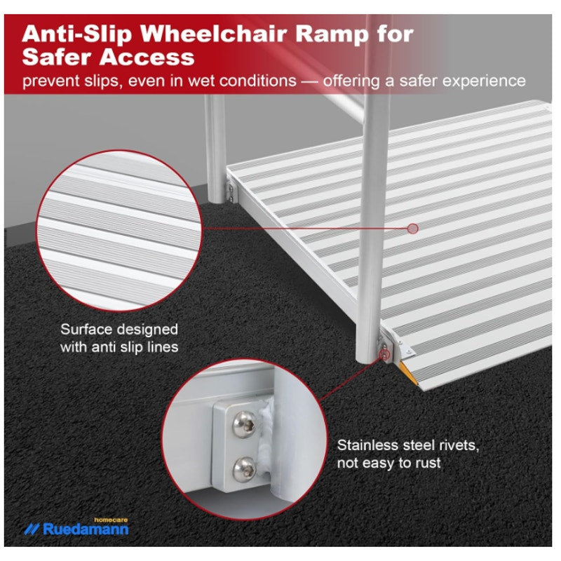 Ruedamann 36" Wide Aluminum Wheelchair Ramp with Handrails, Non-Slip Extra-Wide Platform