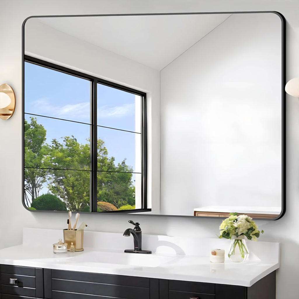 Large Bathroom Mirror 48 x 36 Inches，Black Large Wall Mirror Aluminum Frame Wall Mounted