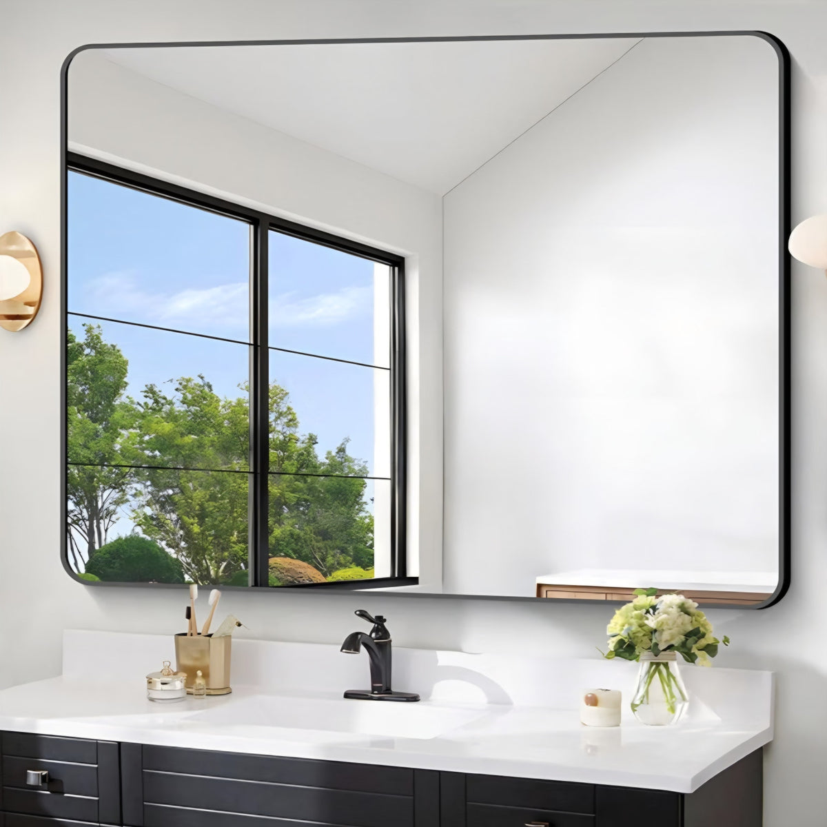 Large Bathroom Mirror 48 x 36 Inches，Black Large Wall Mirror Aluminum Frame Wall Mounted