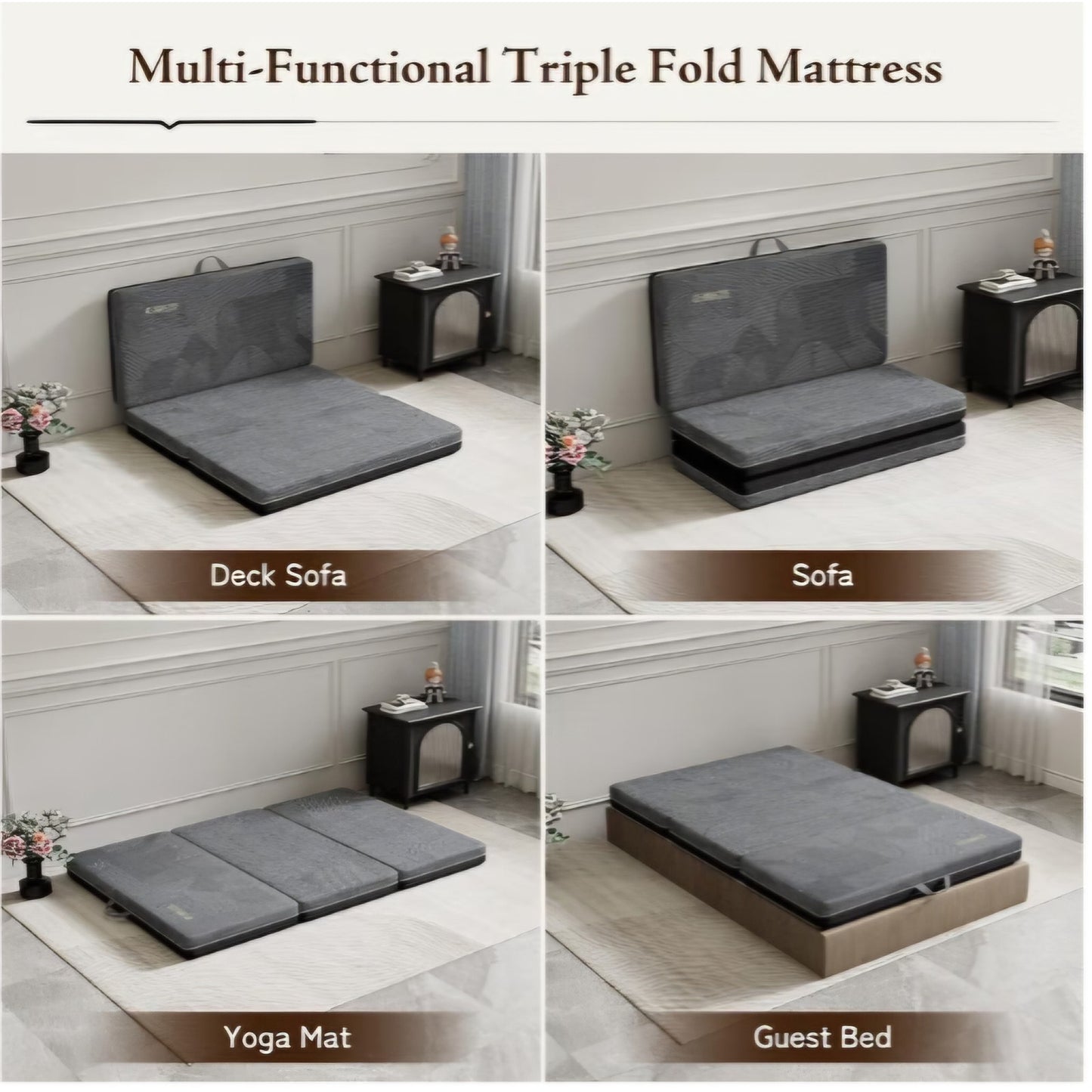 GEMBED Tri Folding Mattress Full Size - 4 Inch Foldable Floor Sofa Bed Memory Foam Tri-fold Handle
