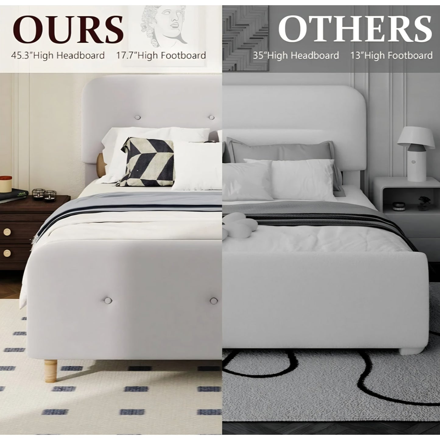 King Size Platform Bed Frame with Velvet Upholstered Headboard, Button Tufted Headboard