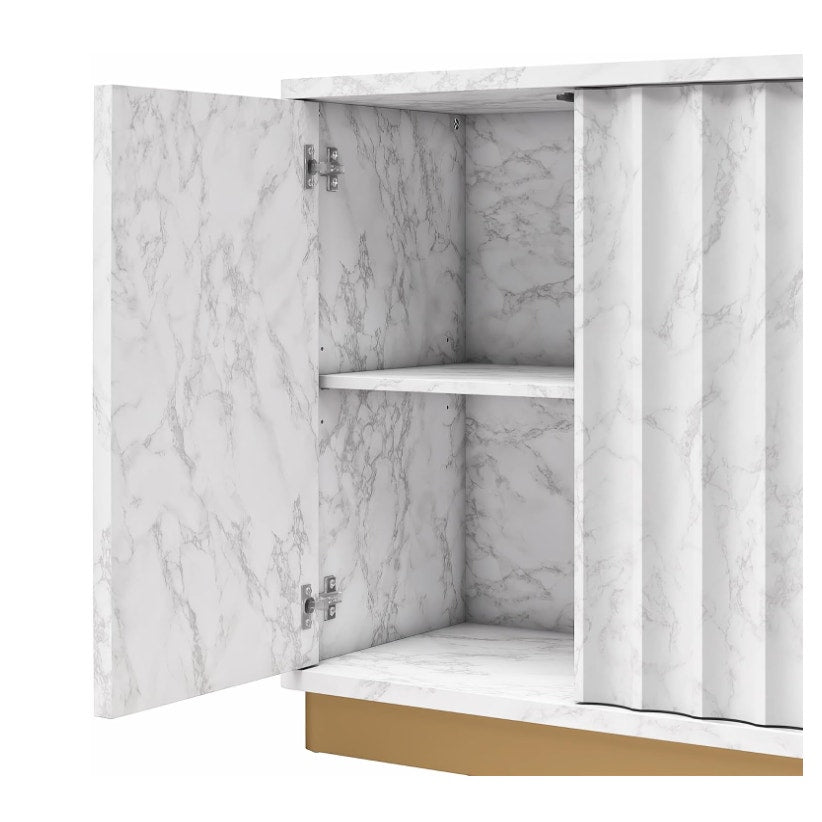 CosmoLiving by Cosmopolitan Rene Scalloped Accent Cabinet, White Faux Marble and Golden Bronze