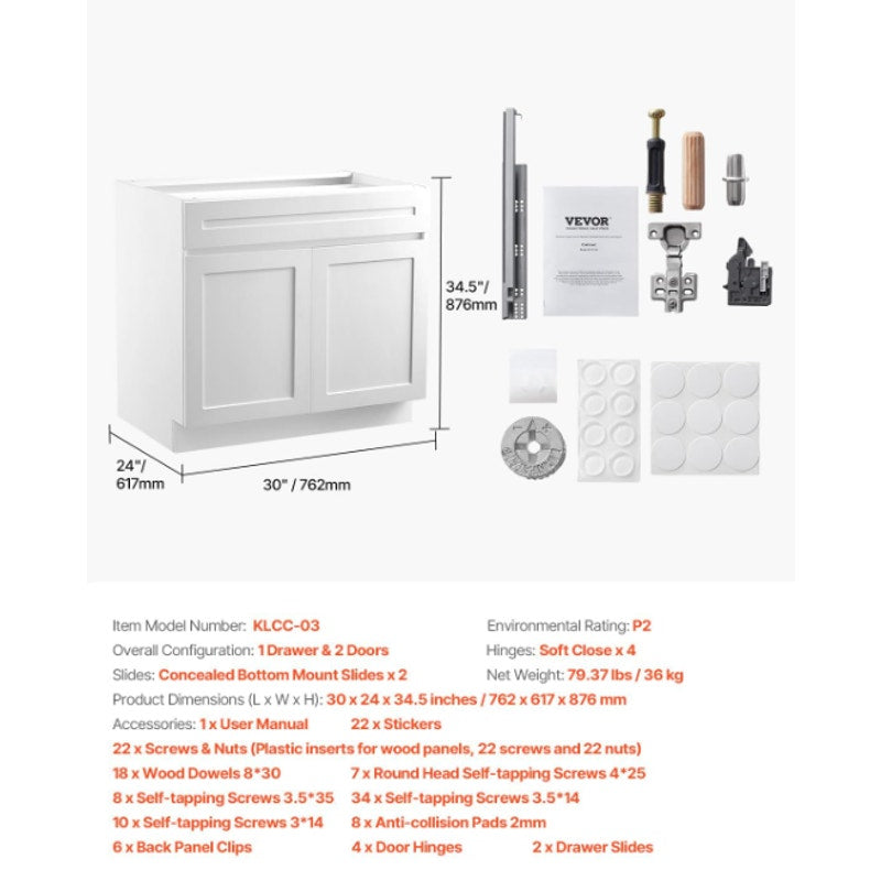White Shaker Base Cabinet with Drawer 30-Inch Unassembled Drawer 30" W x 24" D x 34.5" H