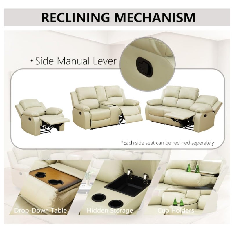 Manual Recliner Sofa, Luxury 3 Seat Reclining Sofa, Recliner Couch with Cup Holders & Coffee Table