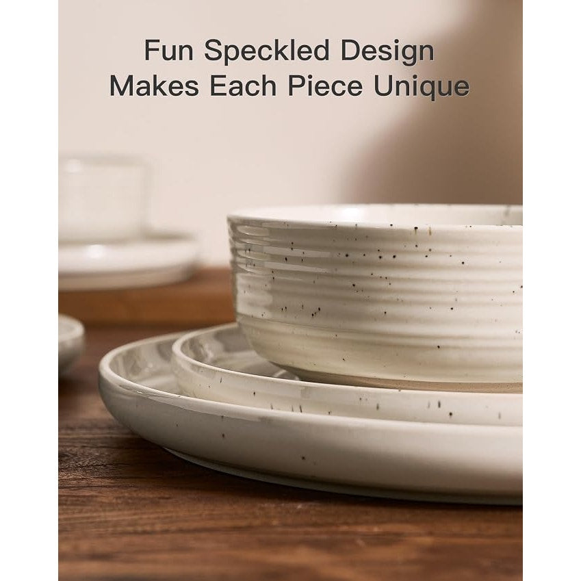 24-Pcs Reactive Glaze Stoneware Dinnerware Sets for 8 - Coupe Plates & Bowls, Shell Beige