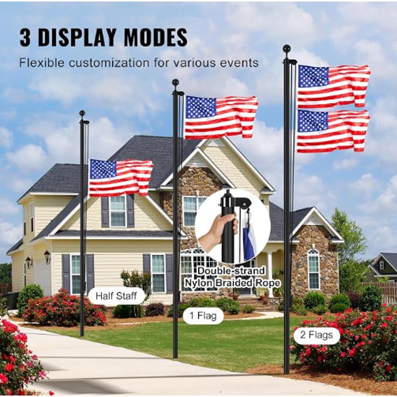 VEVOR 20FT Sectional Flagpole Kit, Heavy Duty Aluminum Alloy in Ground Poles for Outside
