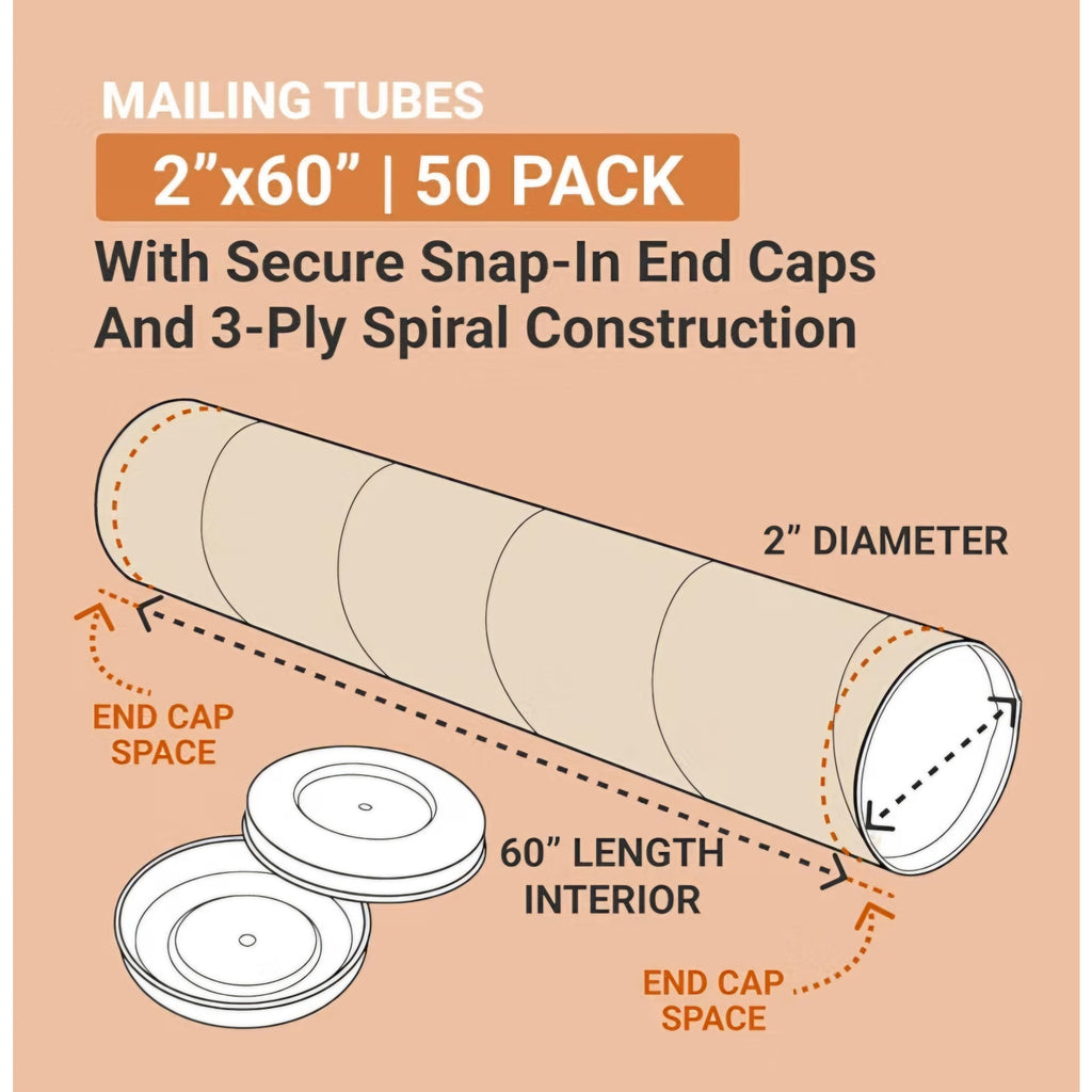 AVIDITI Cardboard Tubes with Caps, 60"L x 2"W x 2"H, Pack of 50