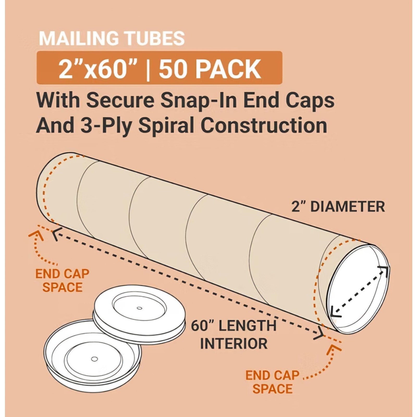 AVIDITI Cardboard Tubes with Caps, 60"L x 2"W x 2"H, Pack of 50