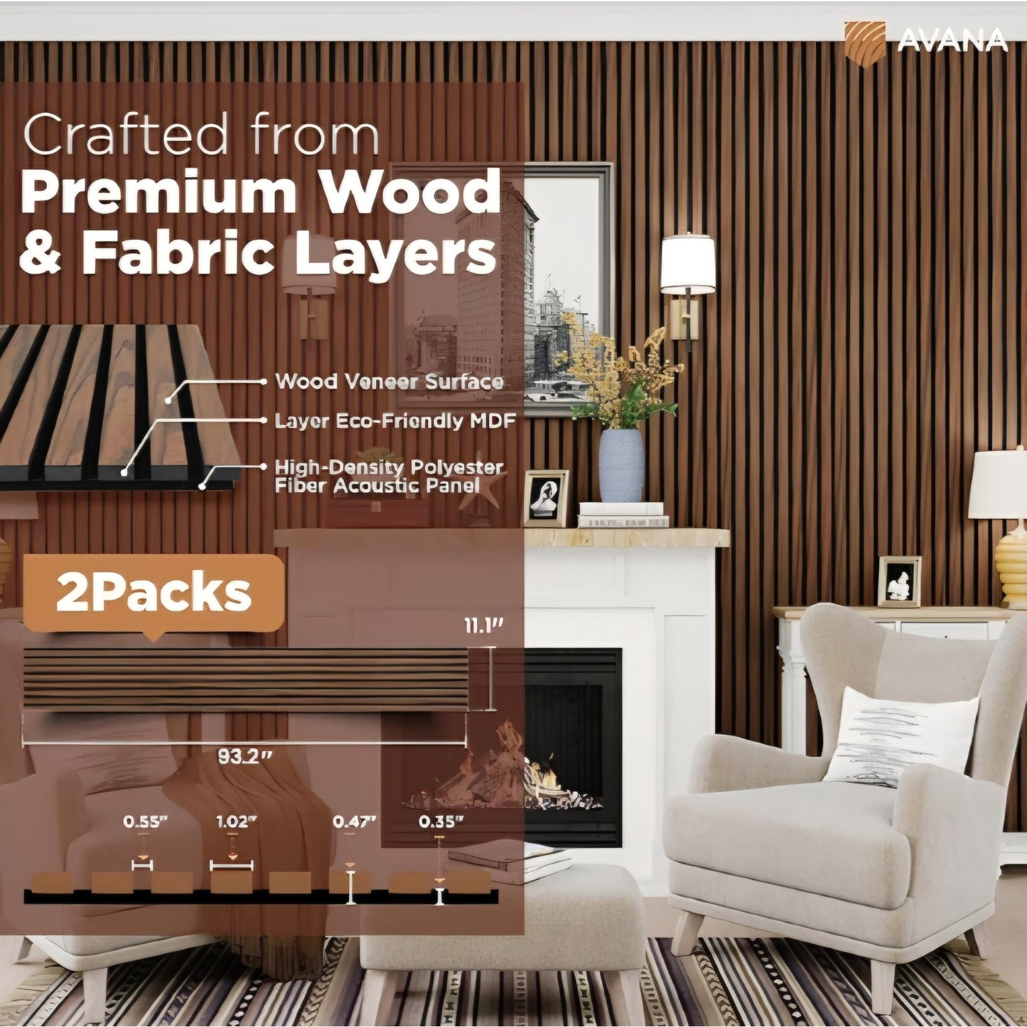 Acoustic Wood Wall Panels Rustic Walnut – 93.2x11.25 Inch Panels Fits 94x12 Layout