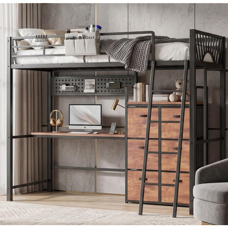 Decofy Twin Loft Bed with Desk and 6 Storage Drawers, Metal Loft Bed Twin Size