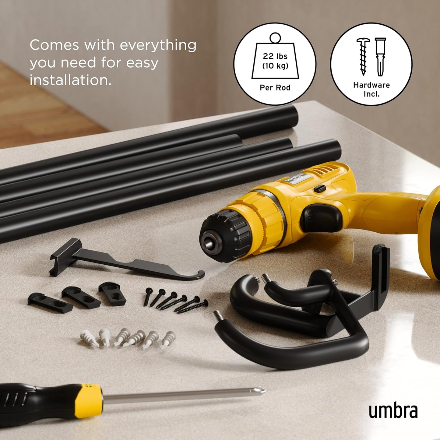 Umbra Twilight Double Curtain Rod Set –Wrap Around Design is Ideal for Blackout, 66-144 Inch, Black