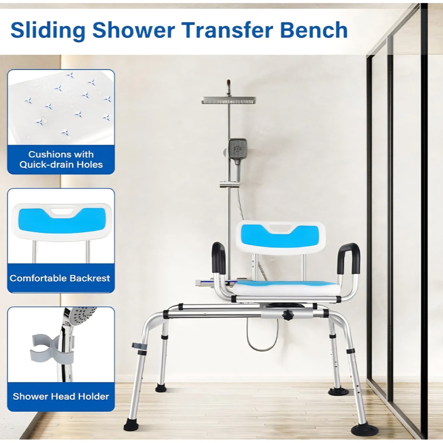 Sliding Shower Chair,Height Adjustable Tub Transfer Bench,360° Shower Swivel Seat,Bath and Shower