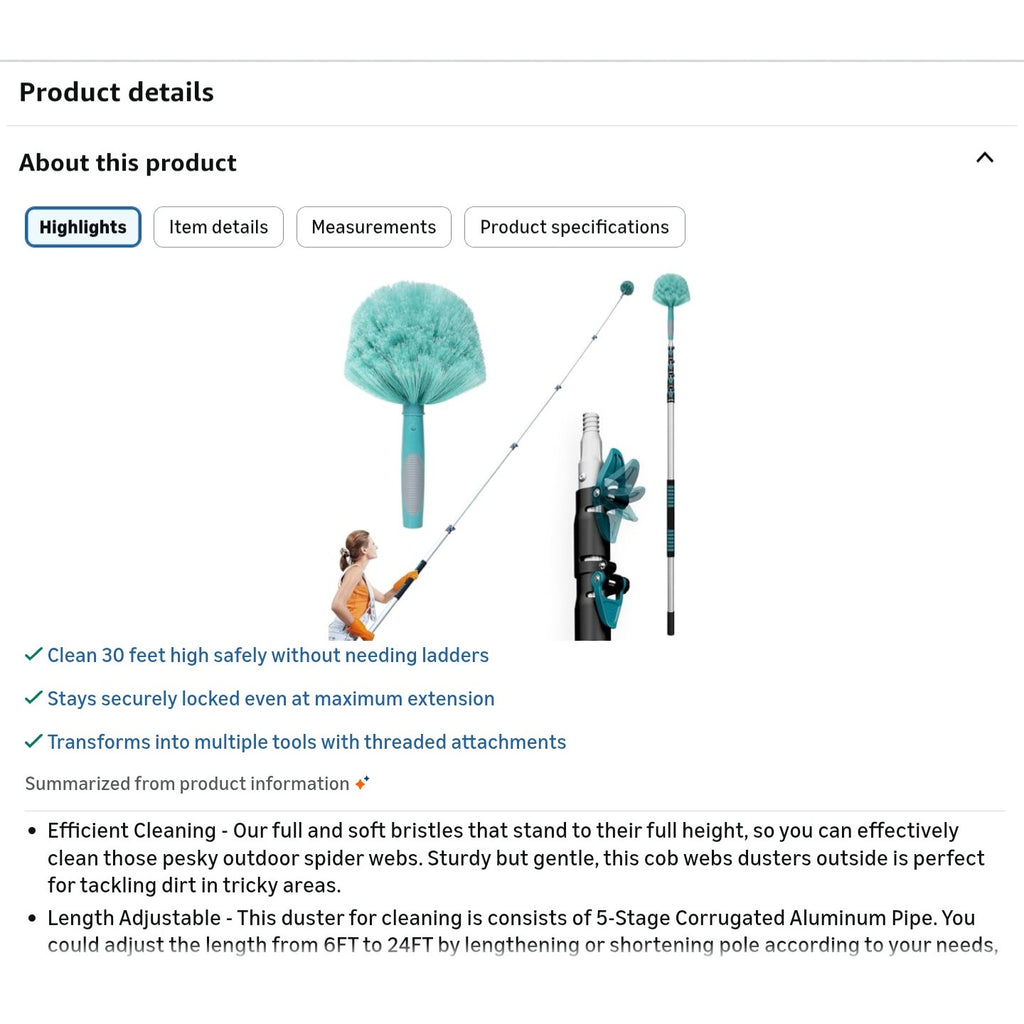 30 Feet High Reach Cobweb Duster with 6-24Ft Extension Pole