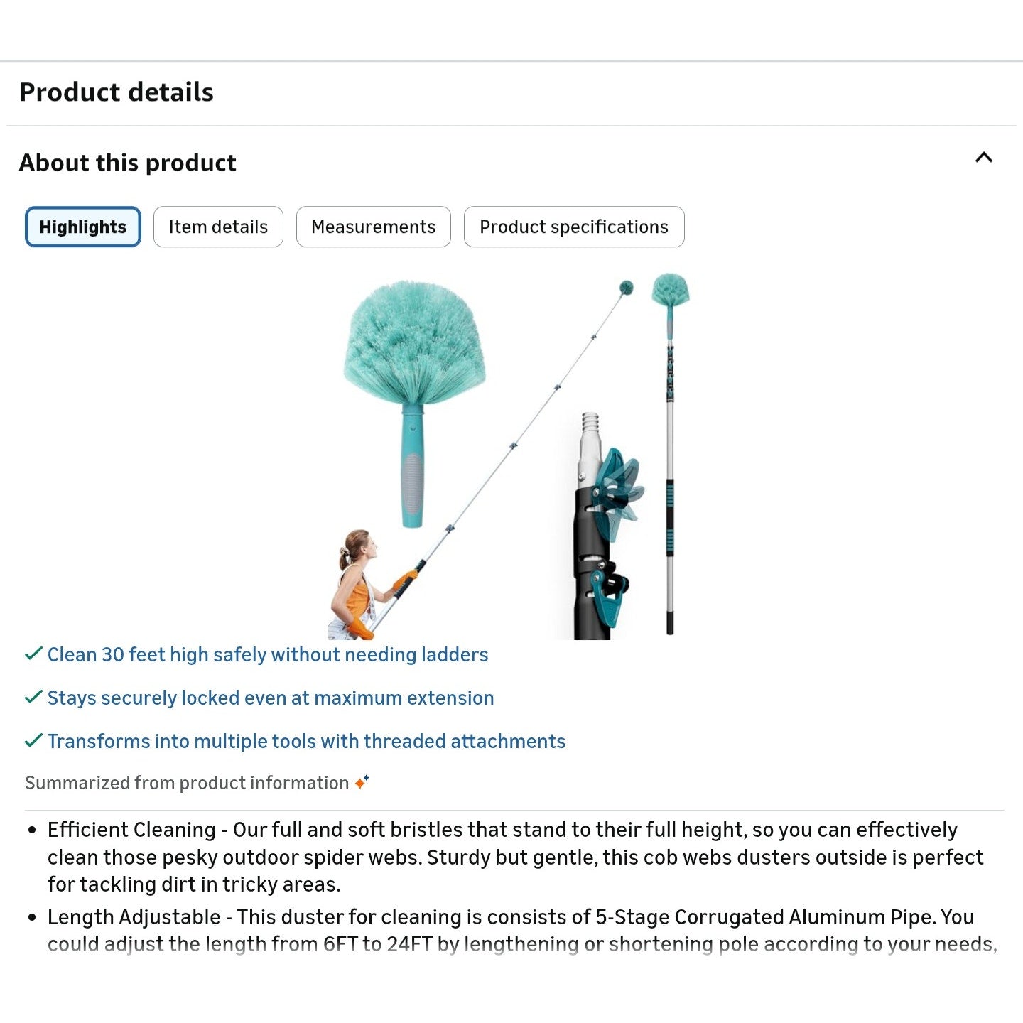 30 Feet High Reach Cobweb Duster with 6-24Ft Extension Pole