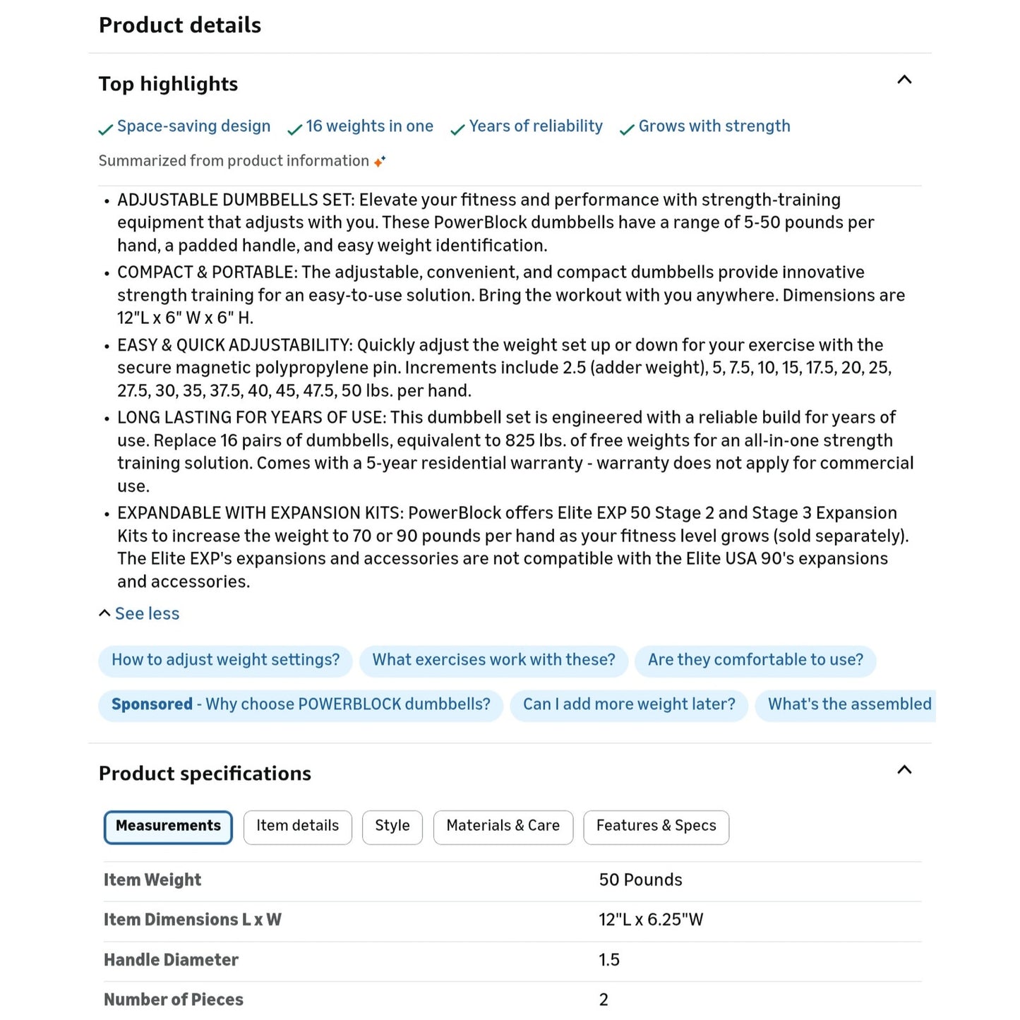 PowerBlock Elite EXP Adjustable Dumbbells, Sold in Pairs, Stage 1, 5-50 lb. Dumbbells