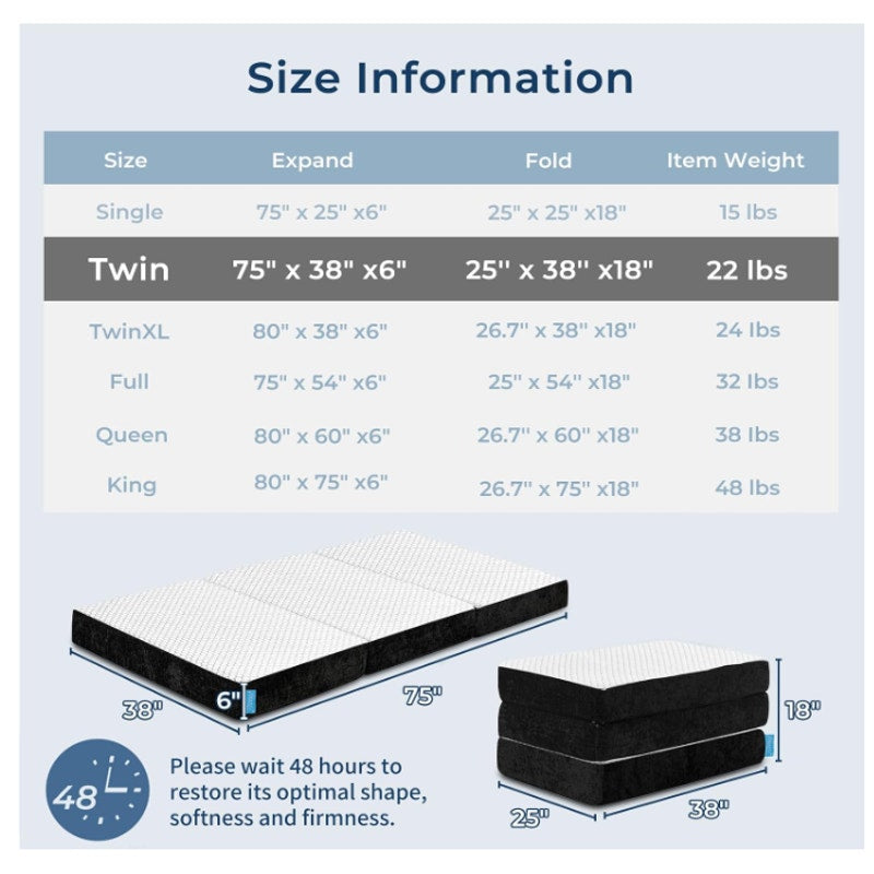 Odorless Foldable Mattress Medium Twin Size 75" x 38" x 6"
