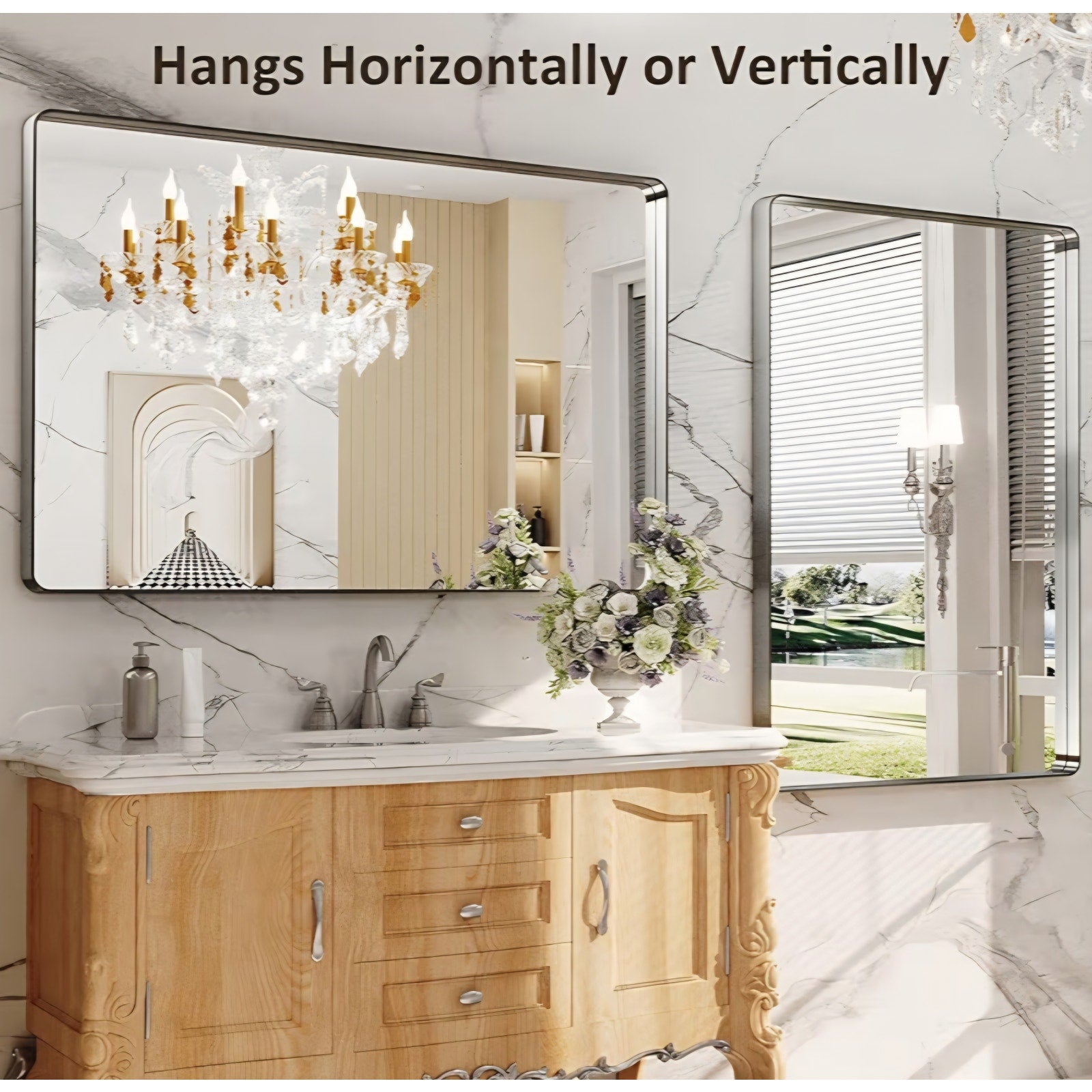 LOAAO 48X32 Inch Brushed Nickel Bathroom Mirror, Rounded Rectangle Silver Metal Frame Mirror