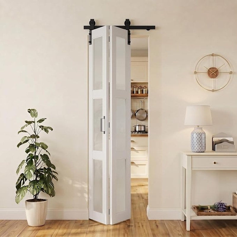 SMARTSTANDARD 24" x 84" Bifold Sliding Barn Door (Double 12"), 3-Lite Frosted Glass Panels, white.