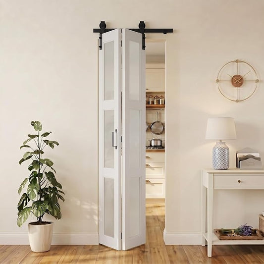 SMARTSTANDARD 24" x 84" Bifold Sliding Barn Door (Double 12"), 3-Lite Frosted Glass Panels, white.
