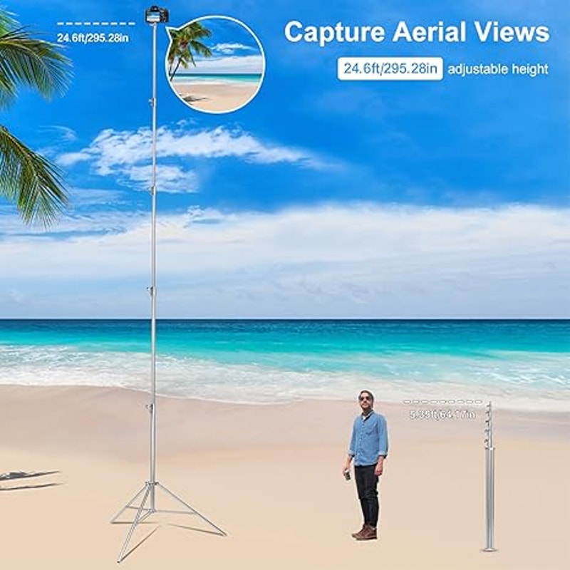 24ft Tall Telescoping Camera Tripod Stand, Heavy Duty Stainless Steel with 3 Guy Wires & 1/4" 3/8"