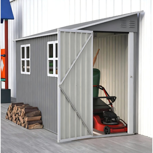 4x 10 FT Metal Outdoor Storage Shed with Windows and Foundation, Lean to Storage Sheds w/Lockable Door & Air Vents, All Weather Waterproof Garden Tool House for Backyard, Patio, Lawn, Gray