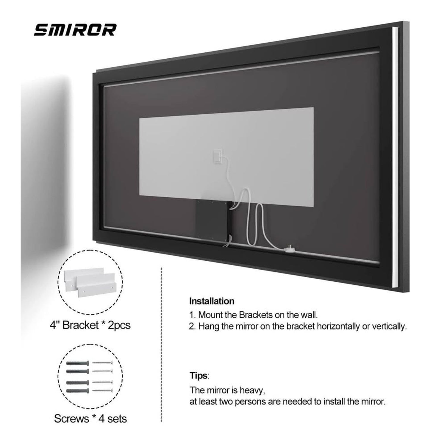 SMIROR 66x36 Black Frame LED Mirrors for Bathroom Wall, Large Lighted Vanity Mirrors, Dimmable, Anti