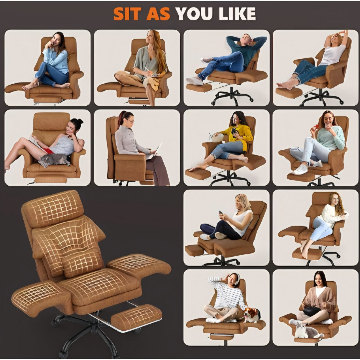 Cross Legged Office Chair with Footrest & Convertible Armrests-Pet-Friendly Cross Home Desk Chair