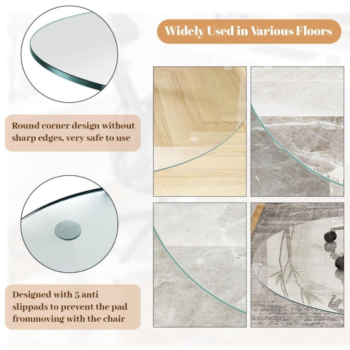 Tempered Glass 46" x 46" Round Glass Chair Mat, Heavy Duty Hard Tempered Glass Mat withPolishedEdge