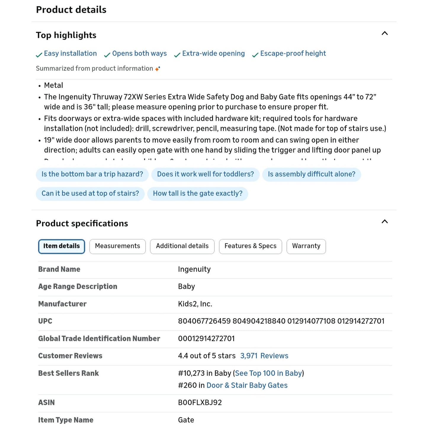 Ingenuity Decorative Extra Wide Baby Gate & Dog Gate, 44"-72" Wide, 36" Tall, Hardware or Pressure