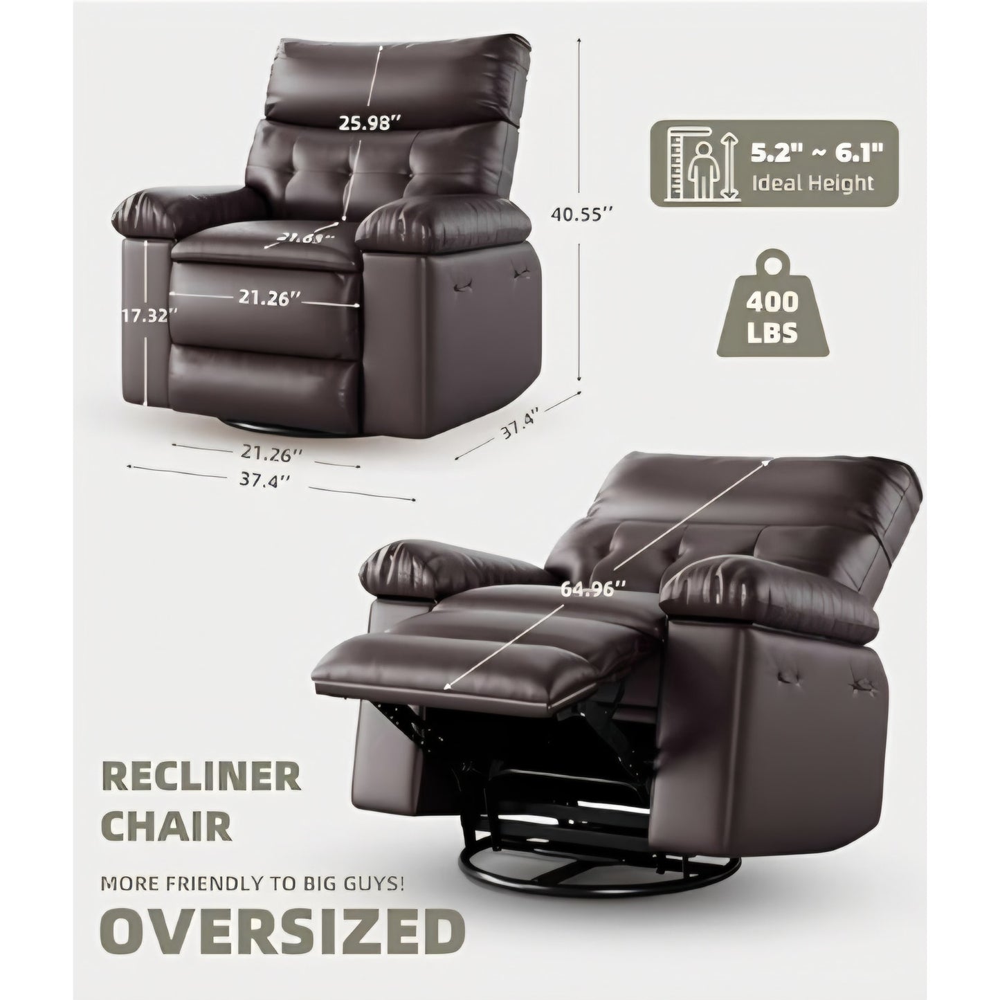 Oversized Leather Recliner Chair - Heat and Massage, Swivel Rocker Manual Recliner for Adults