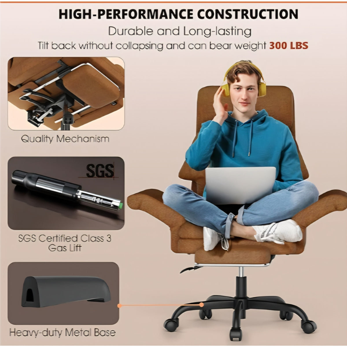 Cross Legged Office Chair with Footrest & Convertible Armrests-Pet-Friendly Cross Home Desk Chair