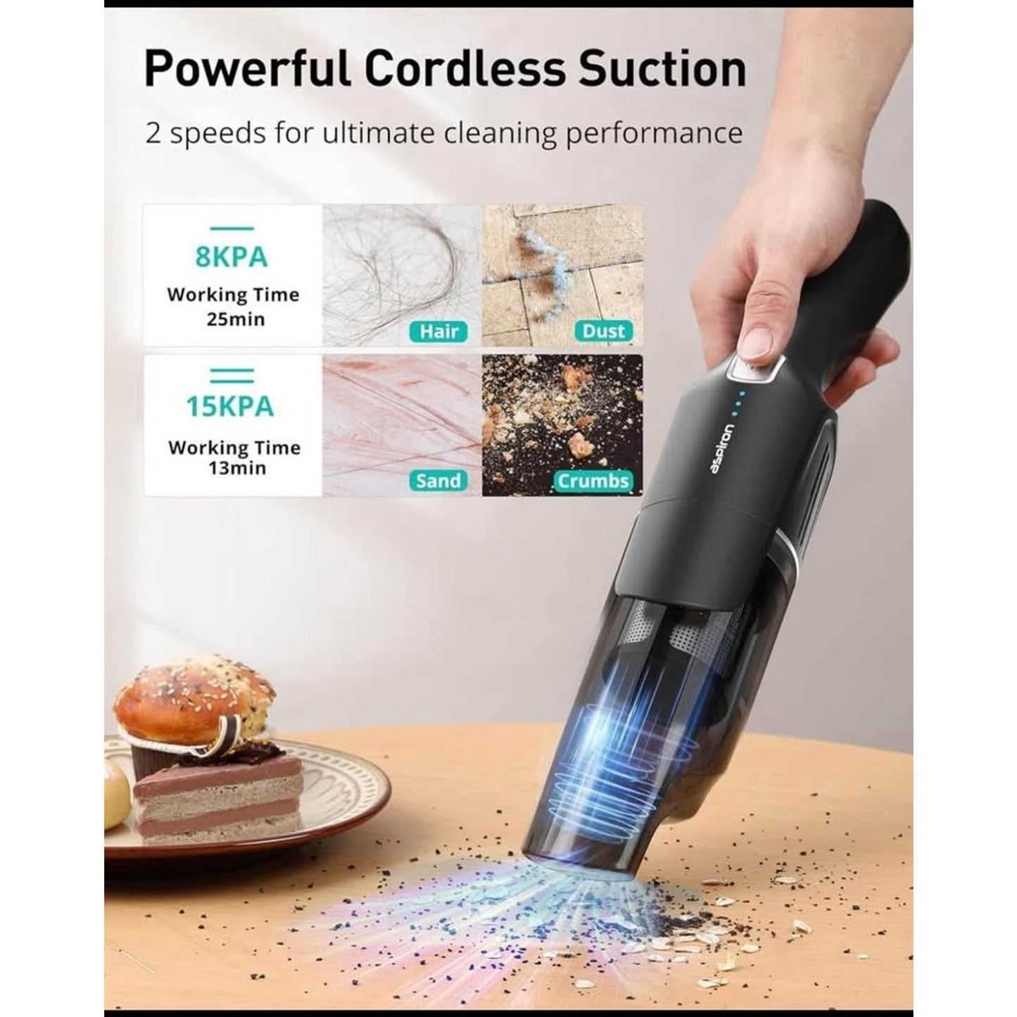 Aspiron Cordless Handheld Vacuum Cleaner, 15KPA Powerful Car Vacuum, Rechargeable, Charging Dock, Er