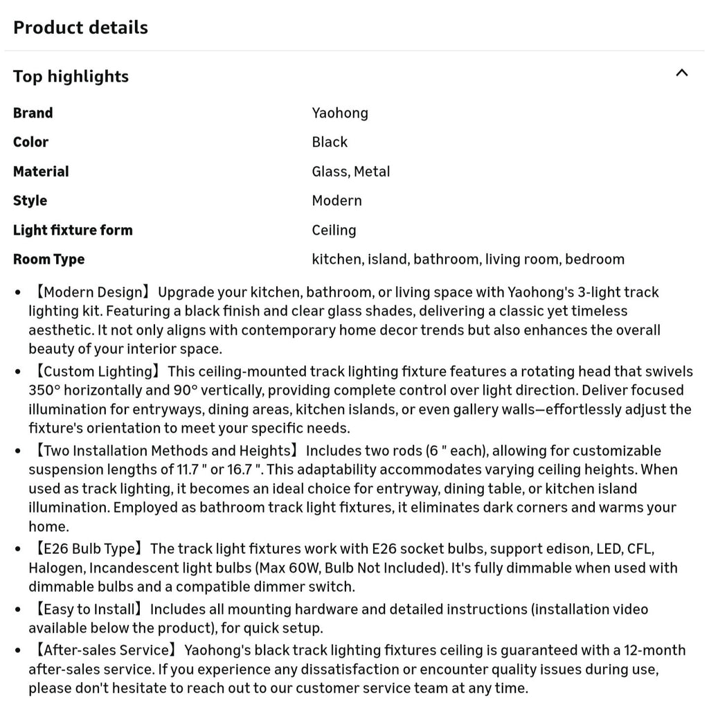3-Light Kitchen Track Light Fixtures Ceiling Vanity Lights Black, Bathroom Track Lighting Kit