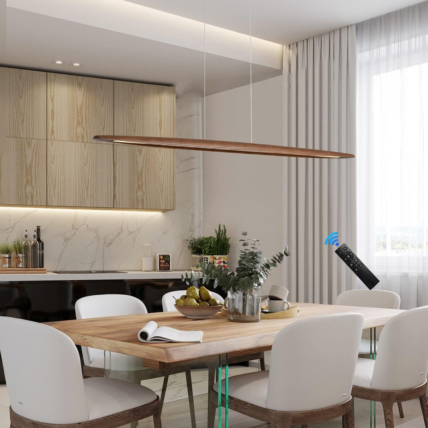 71"Wood Linear Pendant LightWood Linear,Light Island LightsLED DimmableChandelier Table WalnutColor