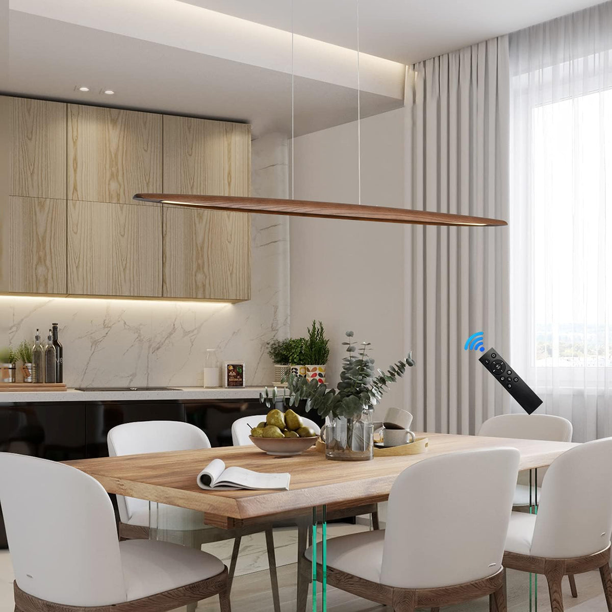 71"Wood Linear Pendant LightWood Linear,Light Island LightsLED DimmableChandelier Table WalnutColor