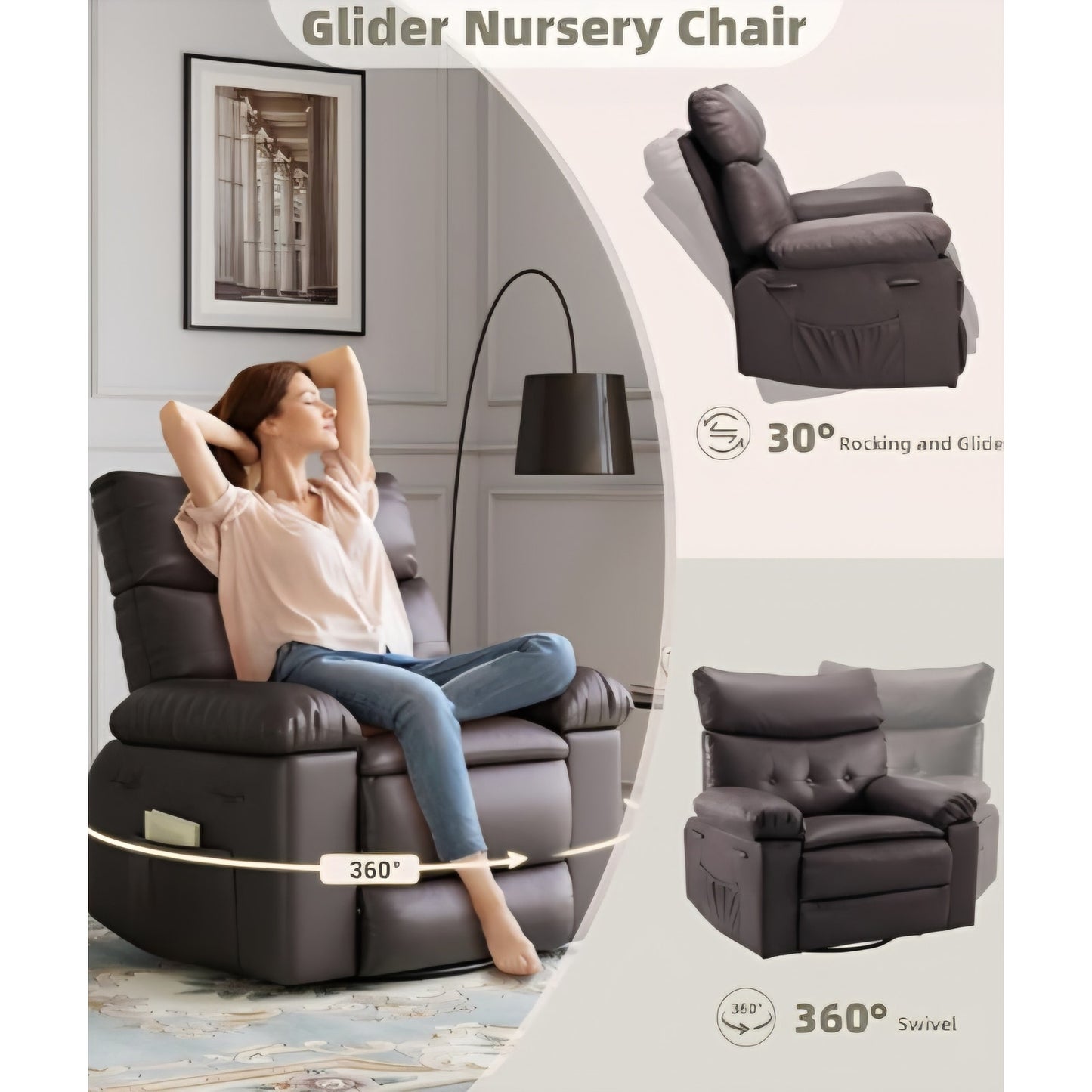 Oversized Leather Recliner Chair - Heat and Massage, Swivel Rocker Manual Recliner for Adults