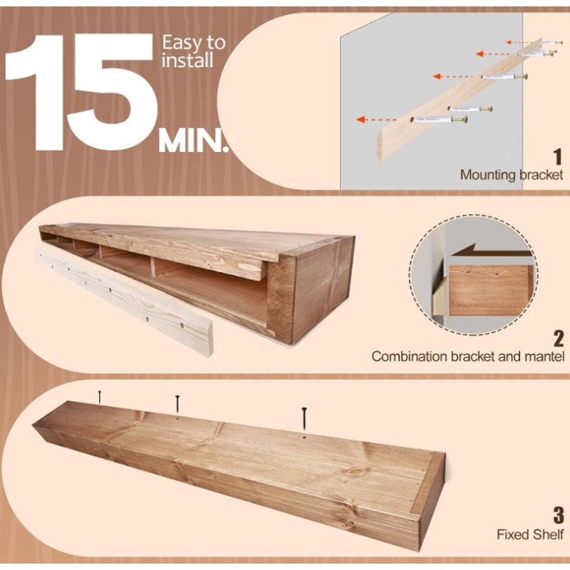 Fireplace Mantel 60", Wooden Floating Shelf for Over Fireplace, Oak Color Wall-Mounted Mantel
