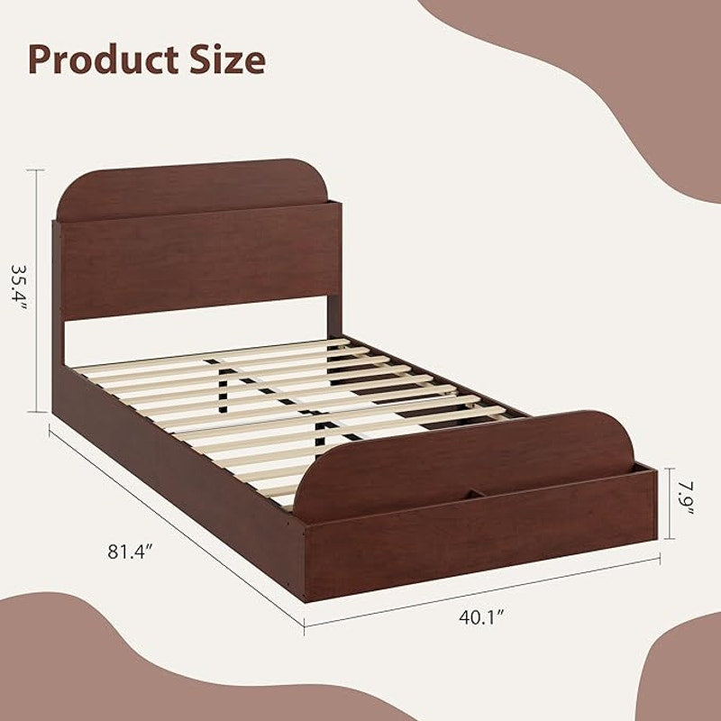 GarveeHome Twin Size Bed Frame, Wooden Beds, Storage Headboard & Raised-Foodboard for Kid, Espresso
