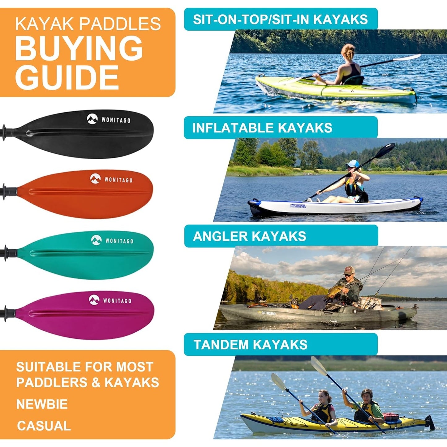Kayak Paddle Premium Carbon Fiber Paddle, Reinforced PP + Fiberglass Blade, 240-260 cm/94-102 Inches