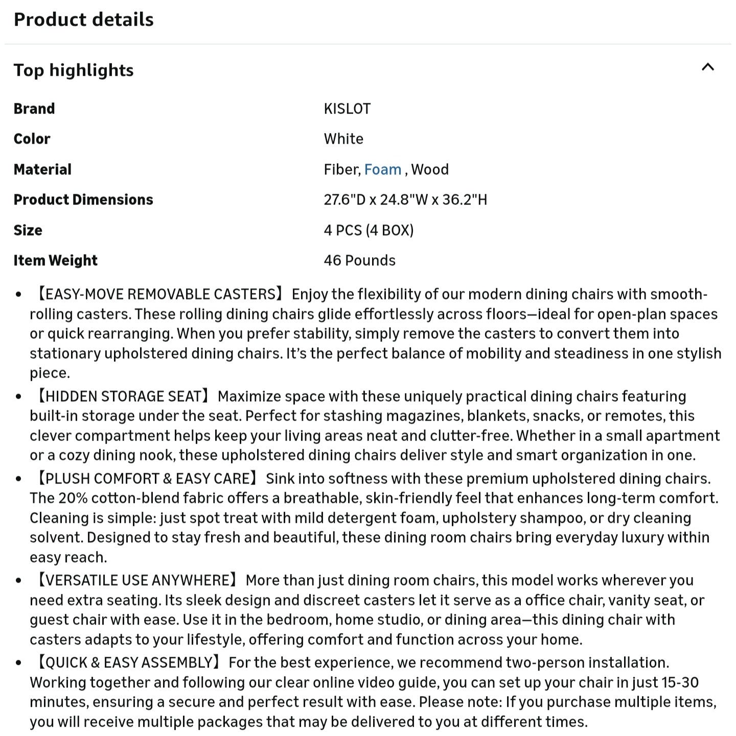 Dining Chairs Set of 4, Modern Dining Room Chairs with Casters & Washable Cover