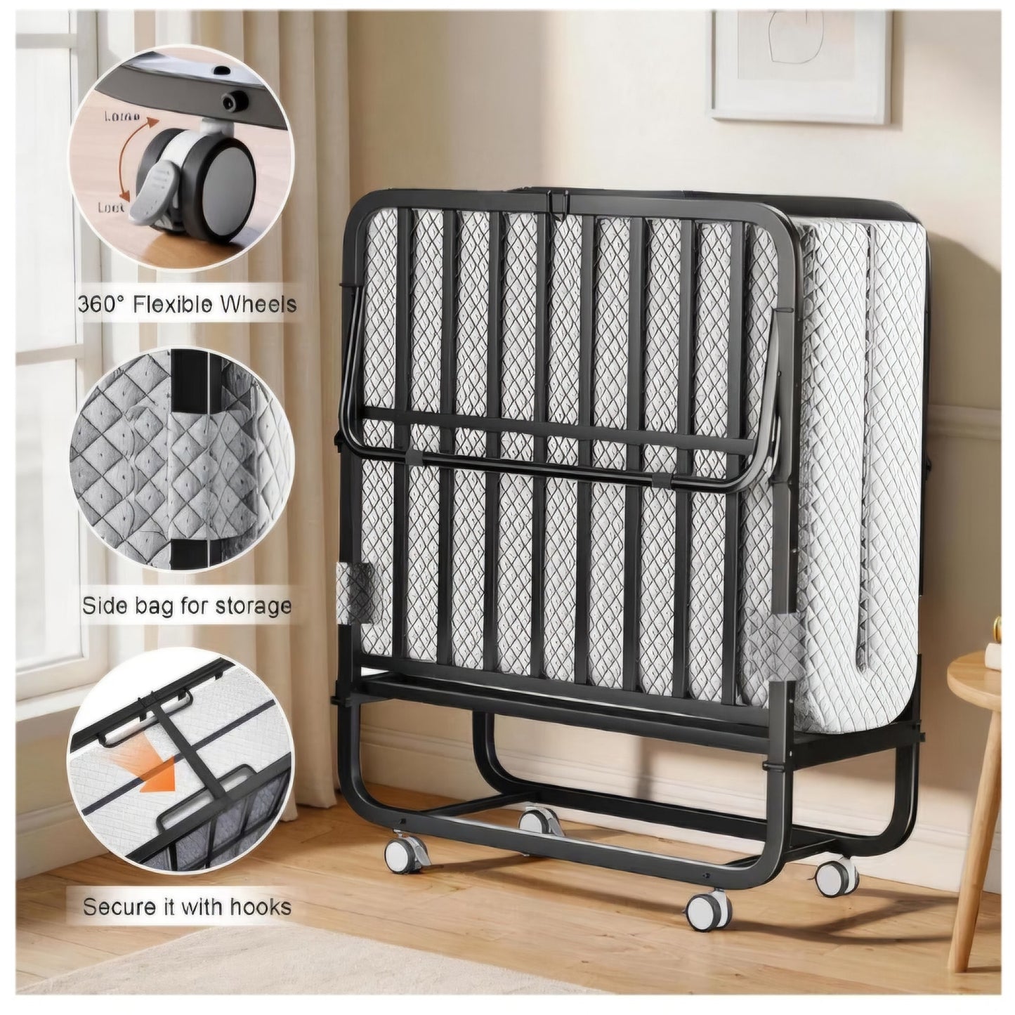 Decofy Folding Bed with Memory Foam Mattress, Portable Rollaway Guest Beds on Wheels, 75"x31"