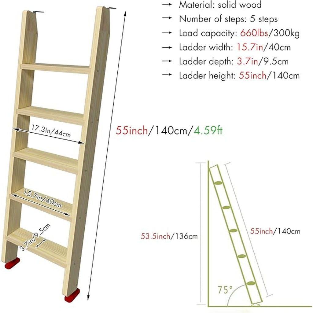 Wood Bunk Bed Ladder, Lofted with 4in Extra Wide Steps & Non-Slip Pads, Wood Color, 55in /140cm